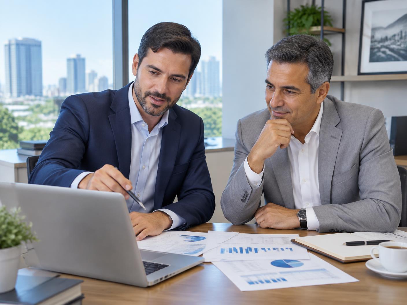Consultor e empresário analisando documentos